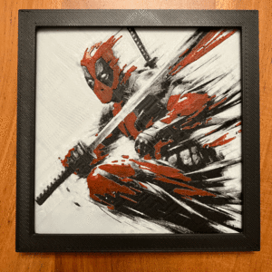 3D-printed wall art inspired by a quirky mercenary character, featuring bold red and black hues, framed in an 8x8 design and crafted from durable PLA