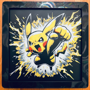 3D printed art of a powerful electrified creature mid-punch, surrounded by lightning, in a black frame.