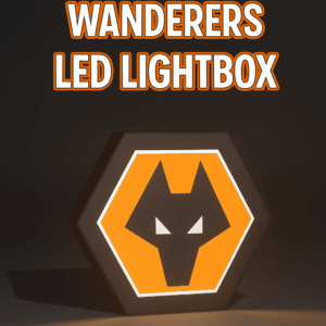 Wolverhampton Wanderers LED lightbox illuminating a bedroom with the iconic wolf logo in focus.