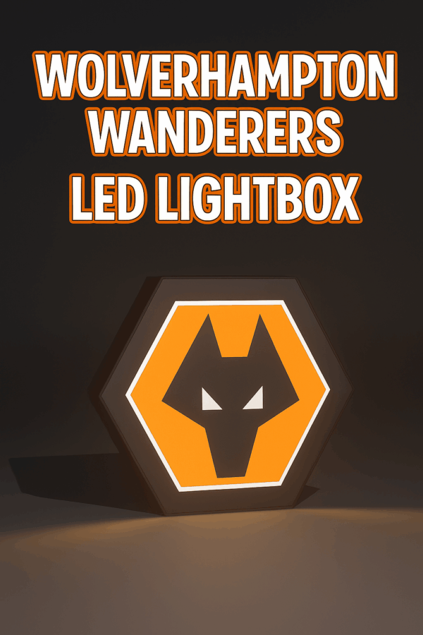 Wolverhampton Wanderers LED lightbox illuminating a bedroom with the iconic wolf logo in focus.