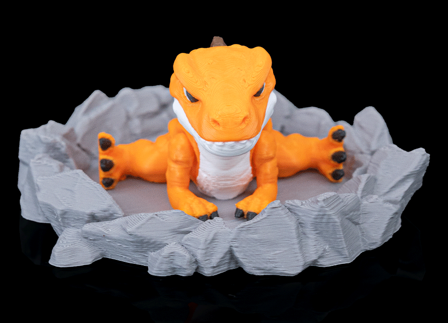 3D Printed Hatching Baby Dinosaur Toy | Tiny T-Rex Fidget Figurine with Rocky Nest Display Base