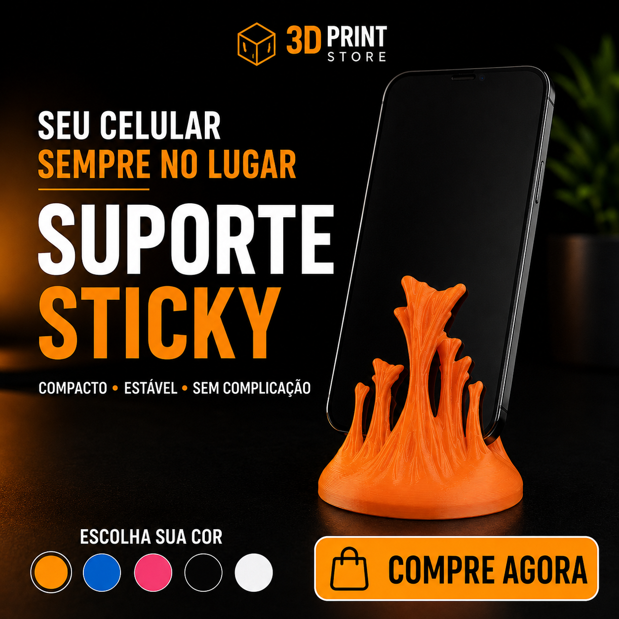 Suporte de celular Sticky laranja impresso em 3D