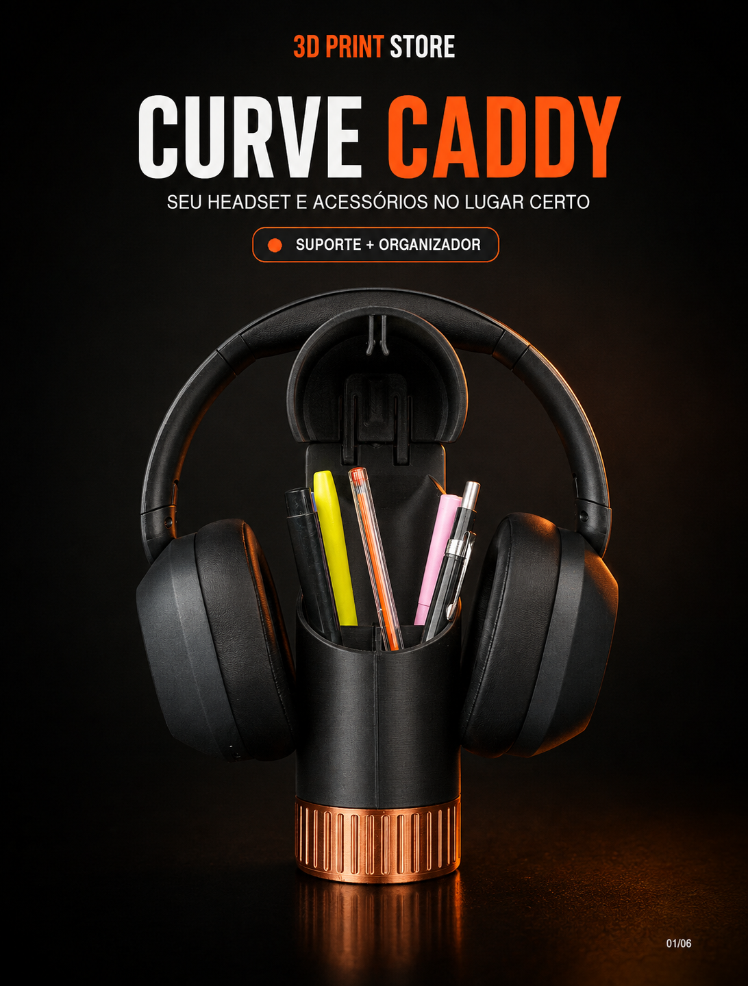 Vista lateral do apoio curvo do Curve Caddy sustentando a faixa do headset