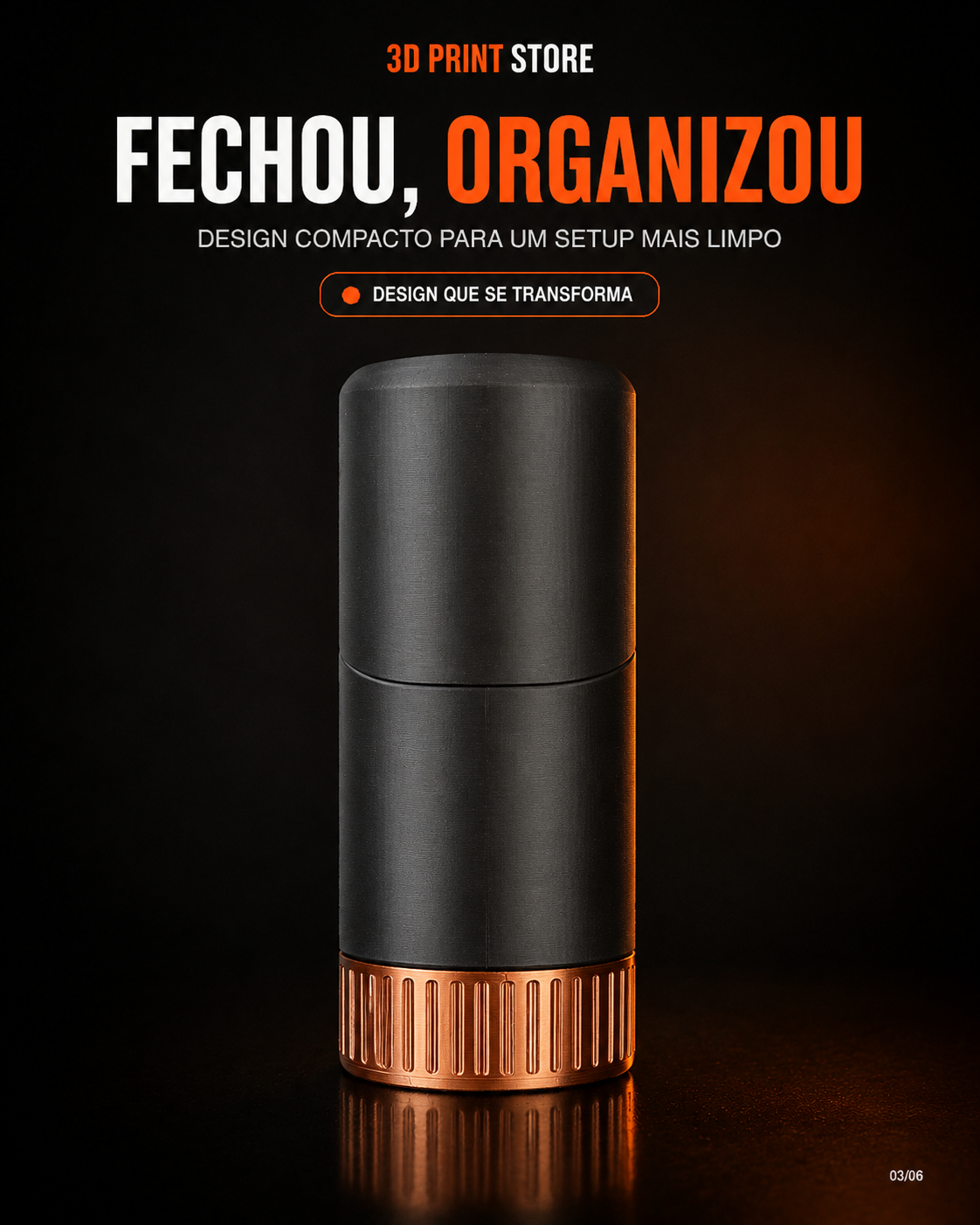Curve Caddy fechado em formato compacto preto com base laranja rosqueável