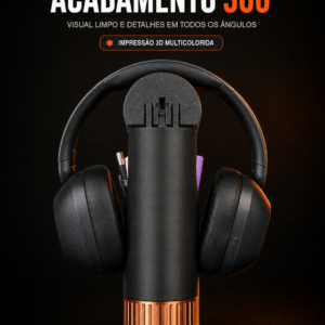 Curve Caddy preto com base laranja usado como suporte para headset e organizador de canetas