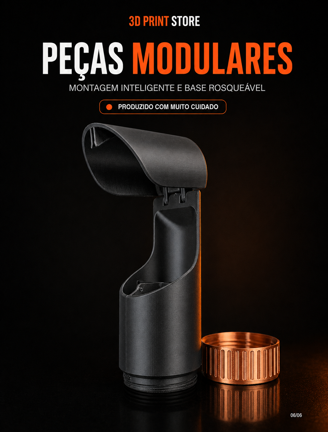 Curve Caddy aberto mostrando peças modulares e base laranja rosqueável