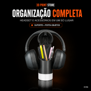 Suporte Curve Caddy preto e branco para headset, com porta-objetos integrado, produzido em impressão 3D.